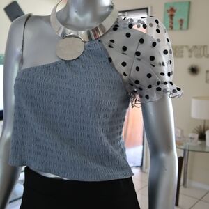 Stylish Blue and White Polka Dot One-Shoulder Top